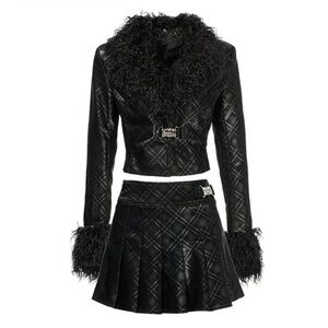 Black Quilted Jacket and Skirt Set with Faux Fur Trim